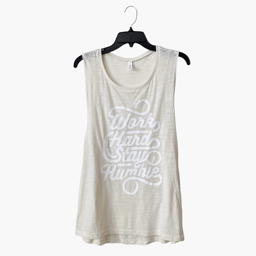 Work Hard Stay Humble Tank Top Women's Size S Ivory Graphic Casual Burnout Light